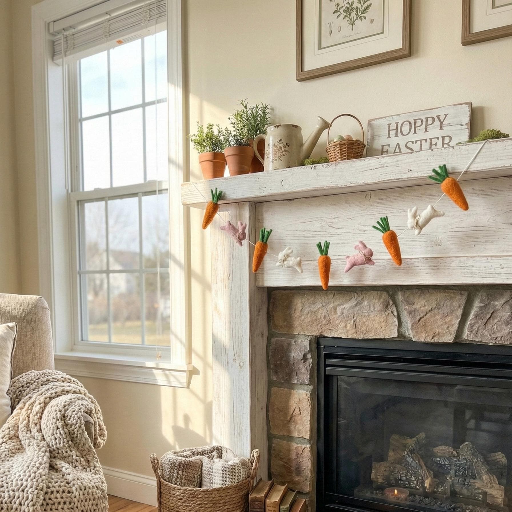 Wool Felt Easter Rabbit & Carrot Garland – Easter Decoration, Easter Bunting, Spring Wall Hanging, Easter Gift