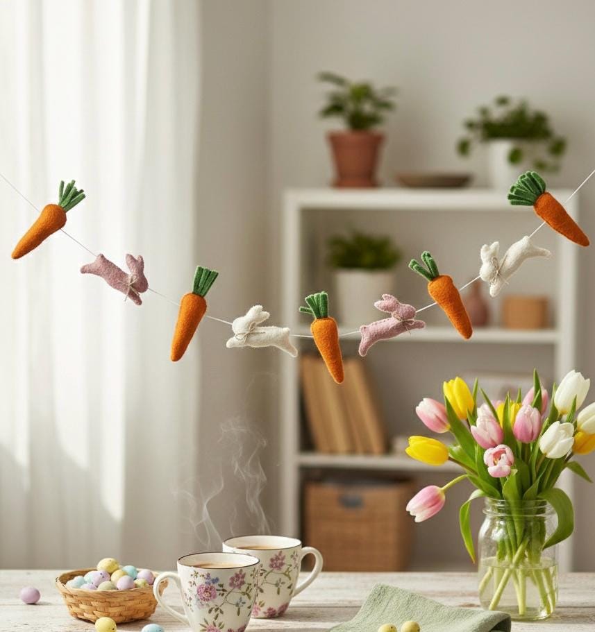 Wool Felt Easter Rabbit & Carrot Garland – Easter Decoration, Easter Bunting, Spring Wall Hanging, Easter Gift