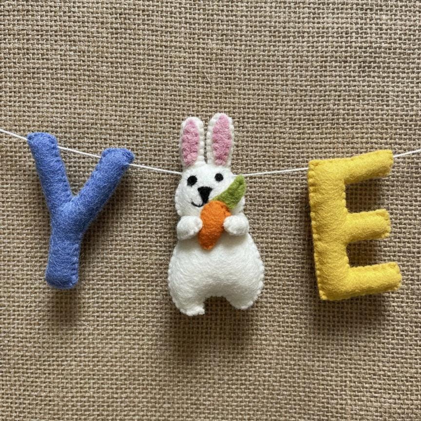 Wool Felt Happy Easter Garland – Handmade Spring Bunny Banner – Easter Door Decor, Mantle & Wall Hanging, Easter Gift