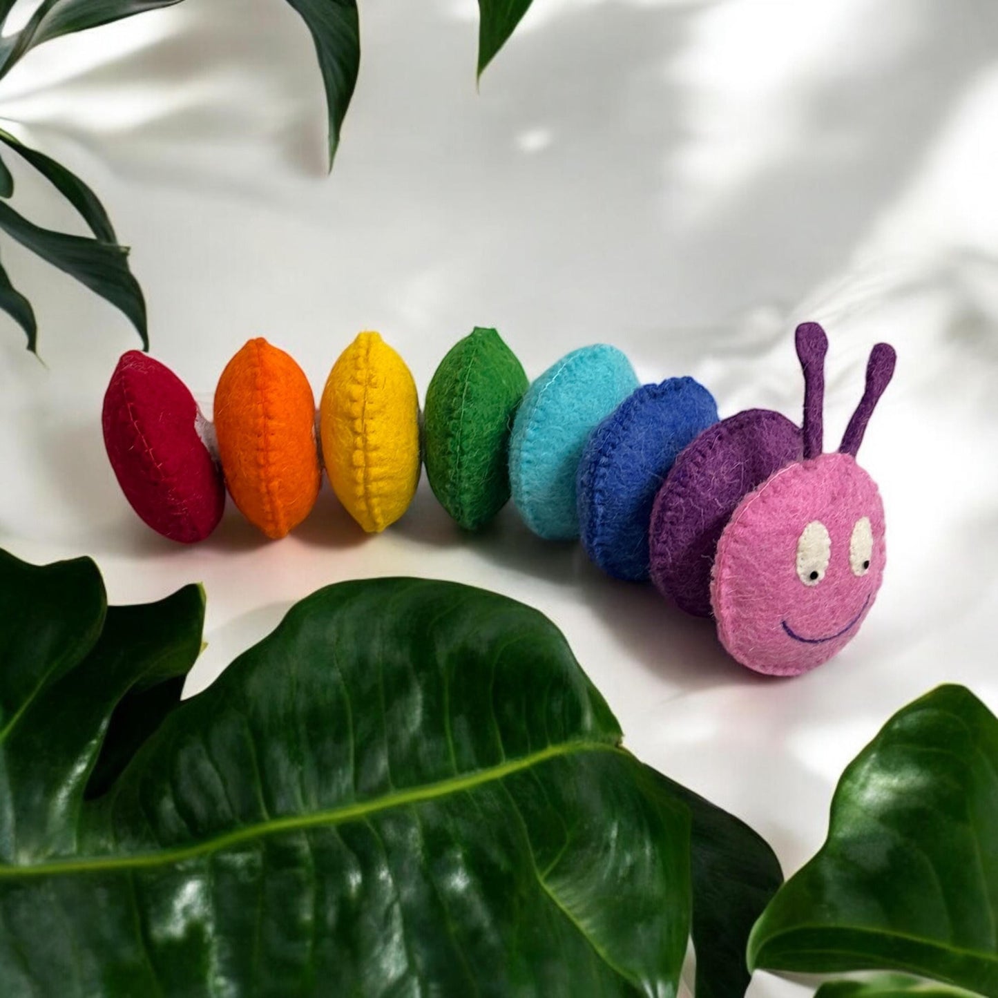 Handmade Wool Felt Caterpillar Toy: Rainbow Color Toddler Plushie