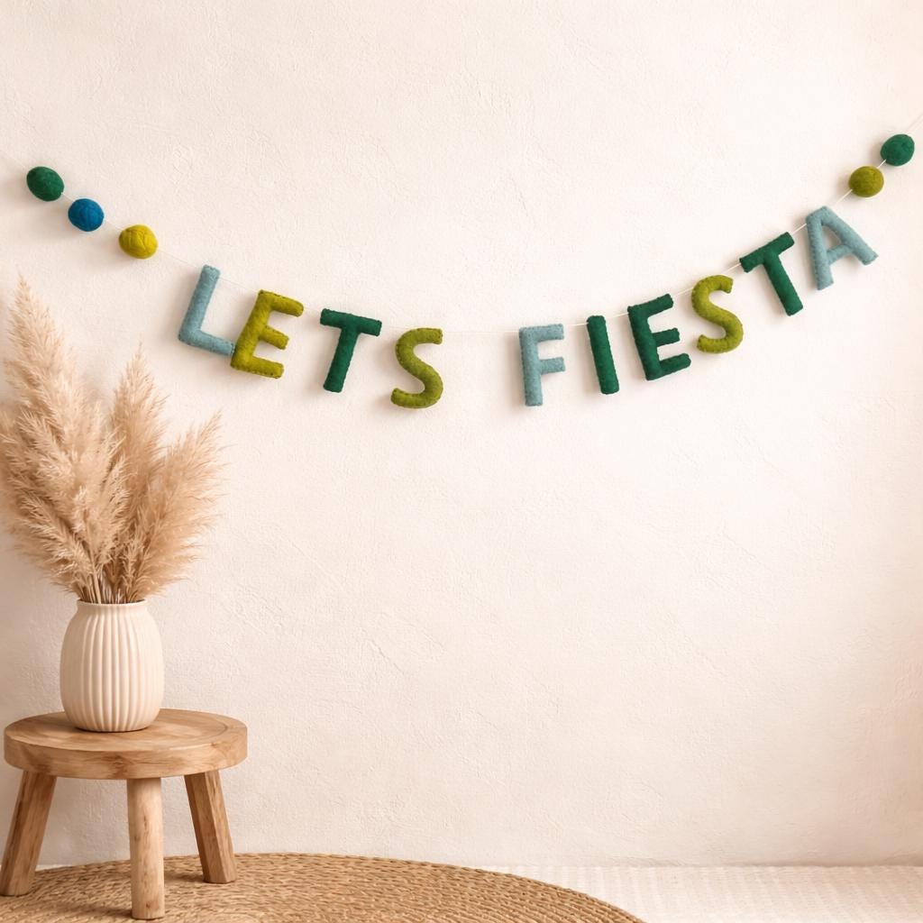 Let’s Fiesta Garland, Handmade Felt Party Banner, Fiesta Decor, Cinco de Mayo Decoration, Mexican Theme Party Sign, Taco Party Garland