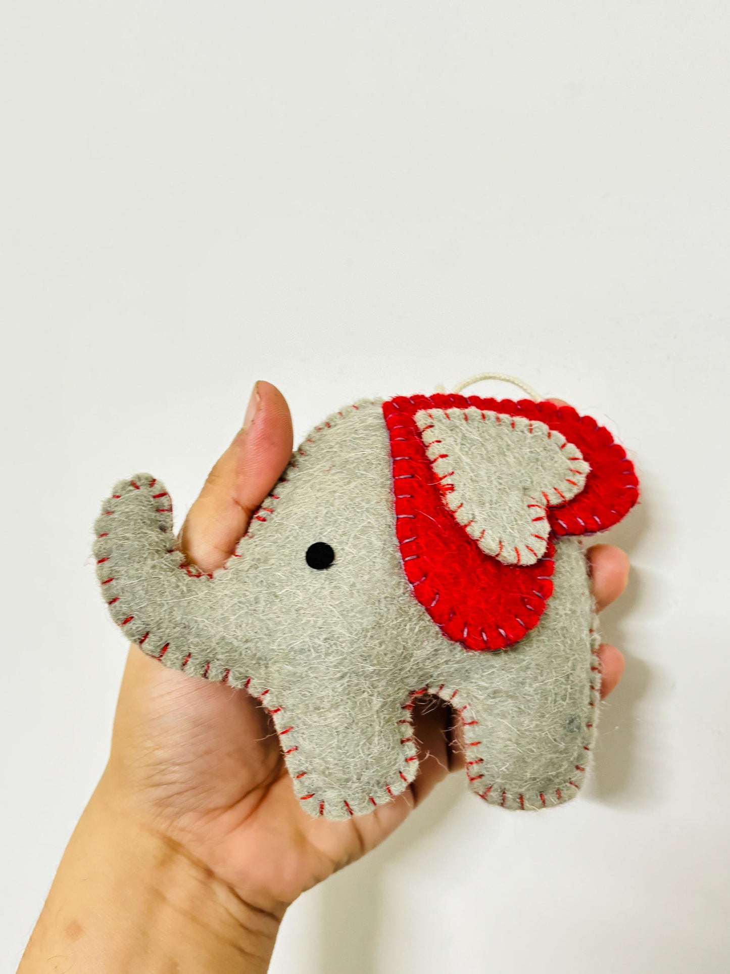 Handmade Wool Felt Elephant Christmas Ornament: Grey & Red Decor