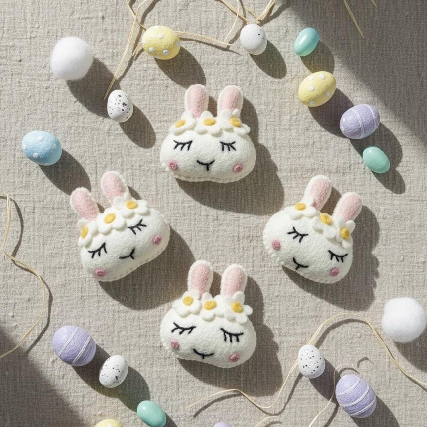 Handmade Wool Felt Easter Bunny Faces, Spring Decor, Set of 5