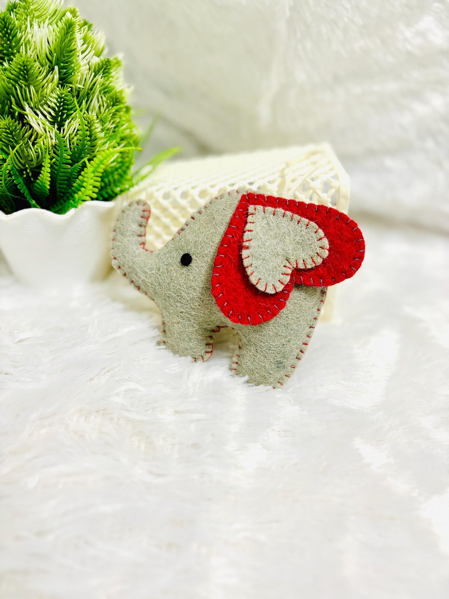 Handmade Wool Felt Elephant Christmas Ornament: Grey & Red Decor