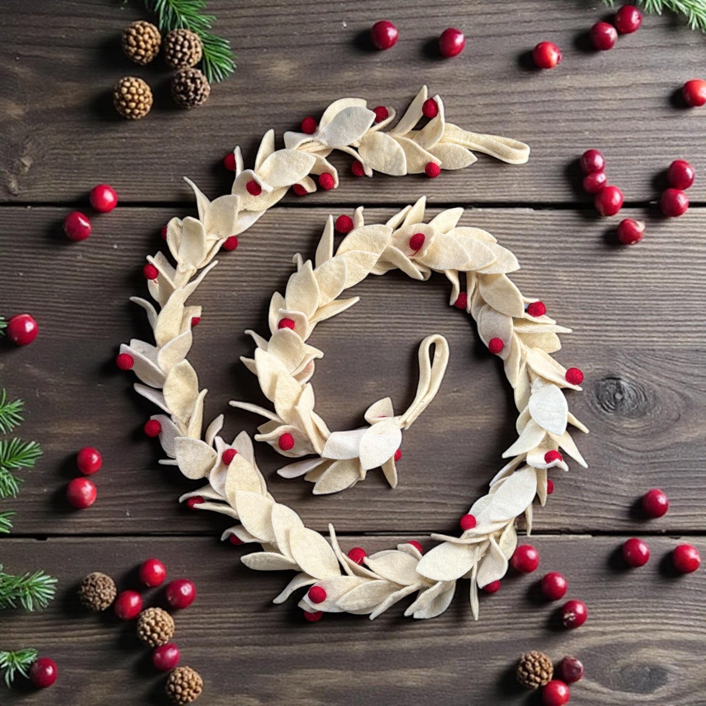 Wool Felt Christmas Garland, Cream Leaves, Red Berries, Handmade