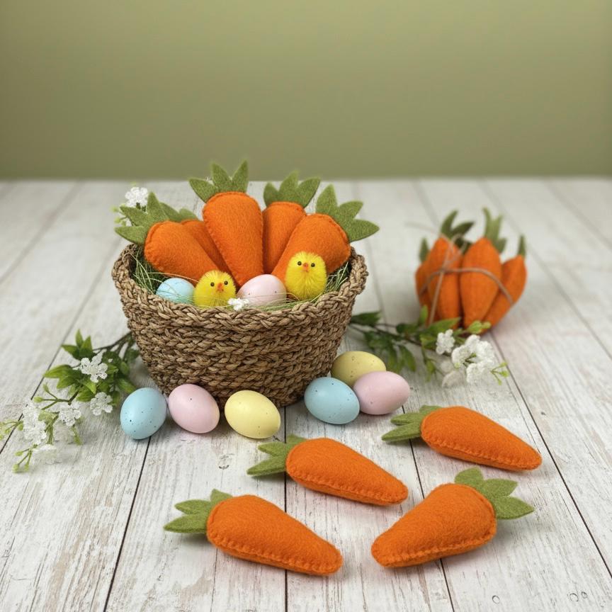 Set of 5 Handmade Wool Felt Carrots – Easter Basket Fillers, Spring Tiered Tray Decor