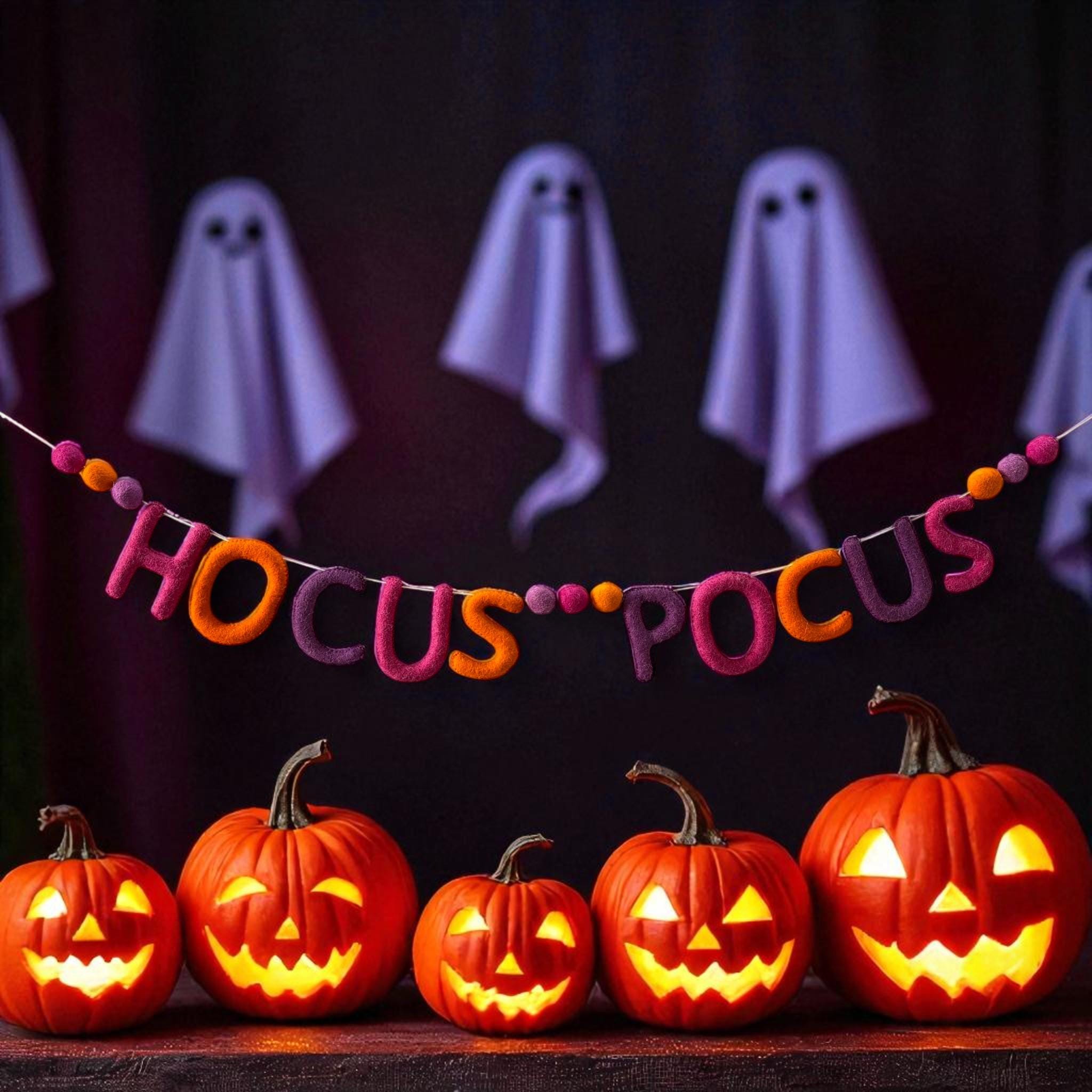Wool Felt Hocus Pocus Halloween Garland: Pink, Purple, Orange