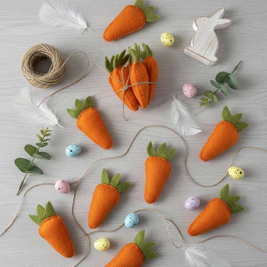 Set of 5 Handmade Wool Felt Carrots – Easter Basket Fillers, Spring Tiered Tray Decor