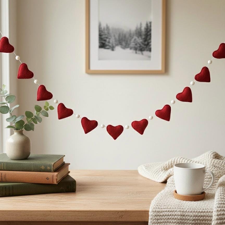 Wool Felt Handmade Heart Garland | Valentine’s Day Decor | Wedding & Anniversary Decoration | Romantic Bedroom Wall Decor | Couple Gift