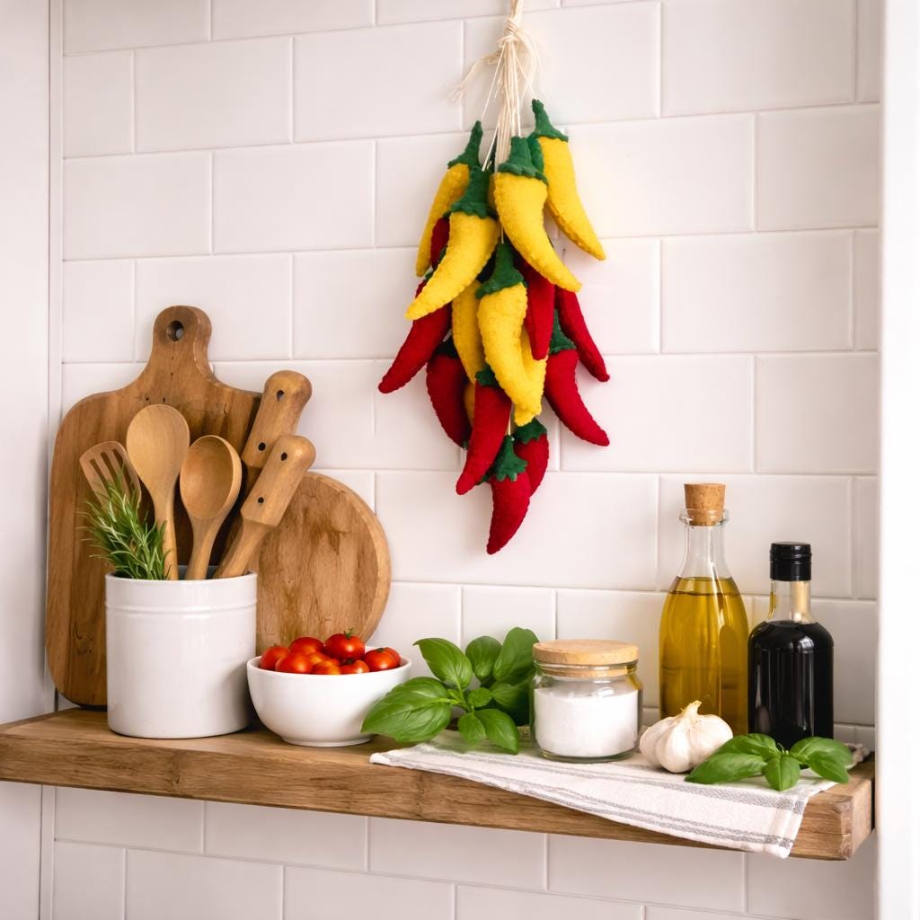 Felt Chili Pepper Garland, Handmade Kitchen Decor, Red & Yellow Pepper Hanging, Farmhouse Kitchen Wall Decor, Italian Rustic Food Decor Gift