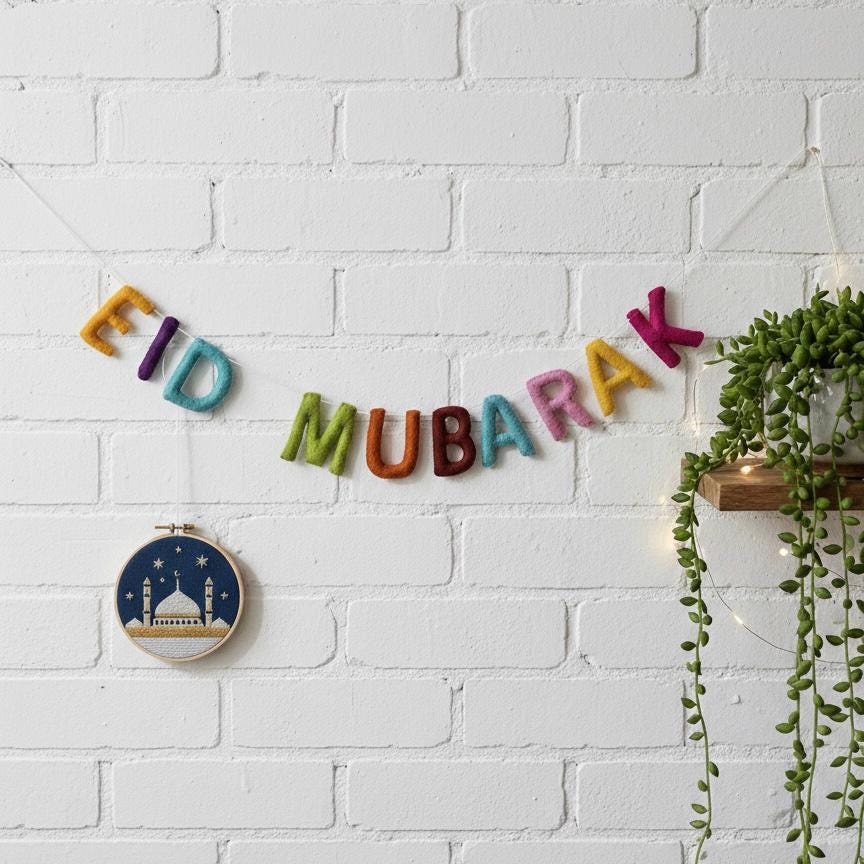 Eid Mubarak Garland | Wool Felt Handmade Islamic Home Decor | Eid Party Decoration | Thoughtful Gift for Family & Friends