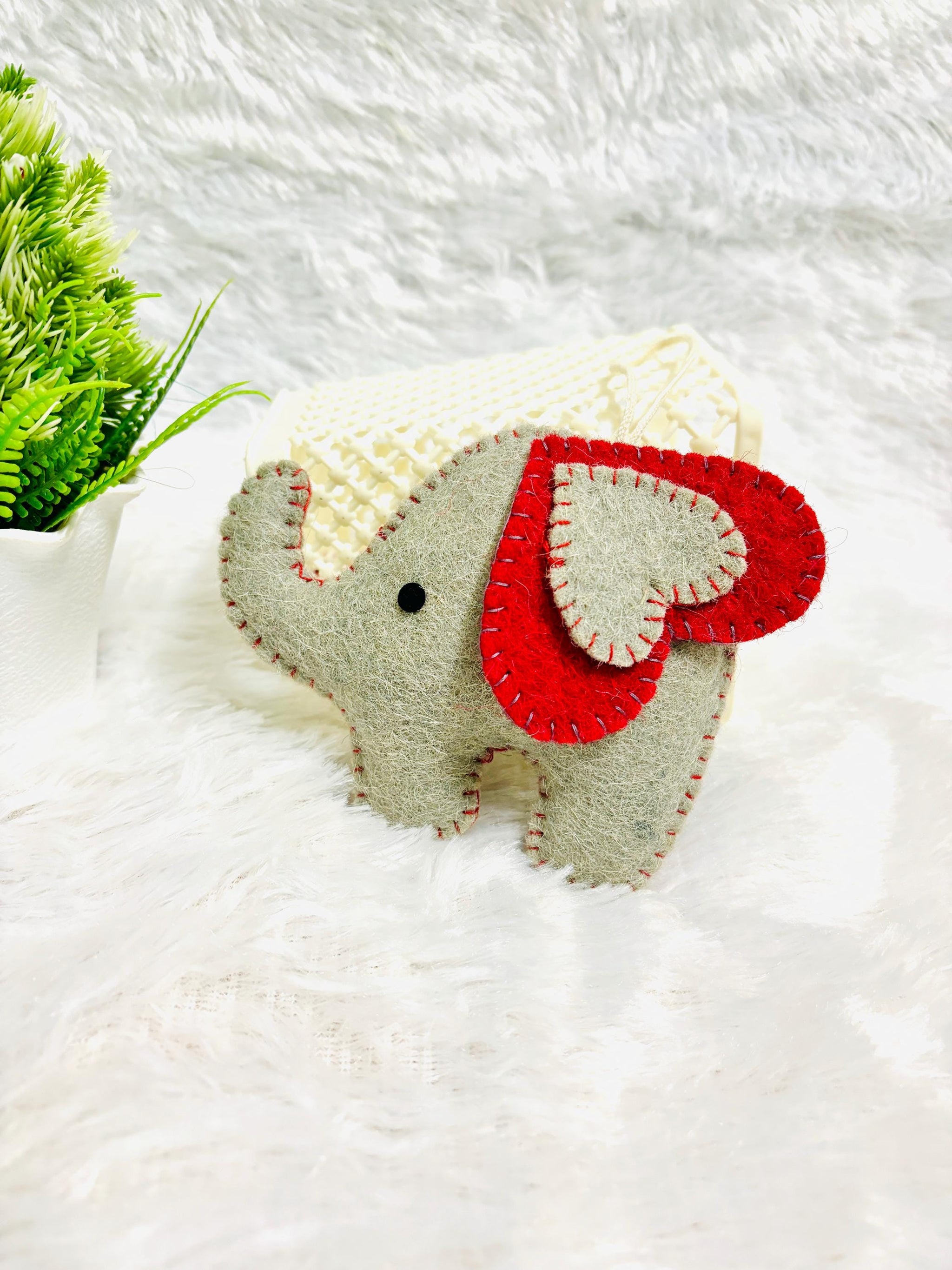 Handmade Wool Felt Elephant Christmas Ornament: Grey & Red Decor