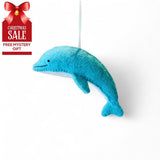 Blue dolphin ornament with Christmas sale and free mystery gift text on a white background