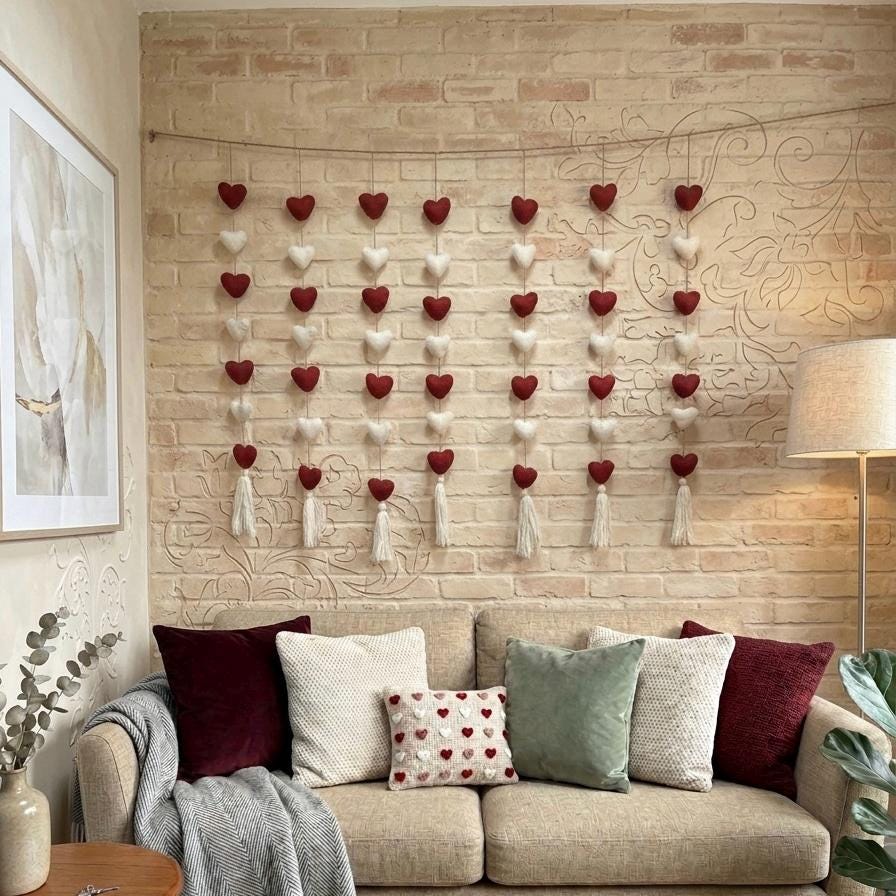 Valentine’s Day Hearts Decor Handmade Wool Felt Hearts Decoration Romantic Home Decor Heart Garland for Wall & Room Styling