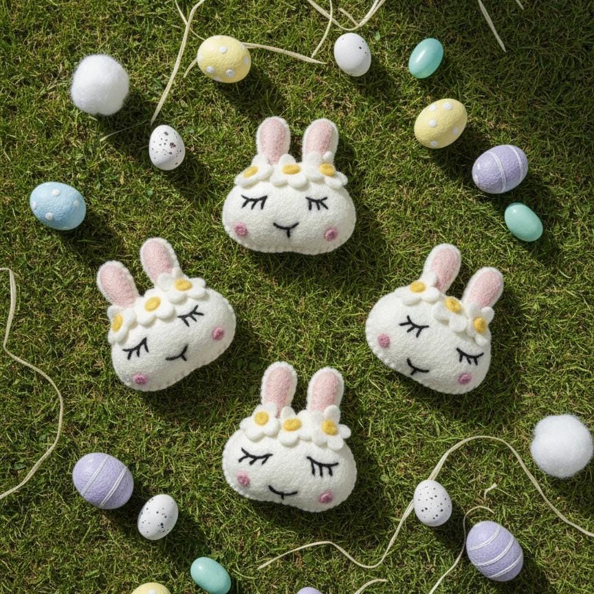 Handmade Wool Felt Easter Bunny Faces, Spring Decor, Set of 5