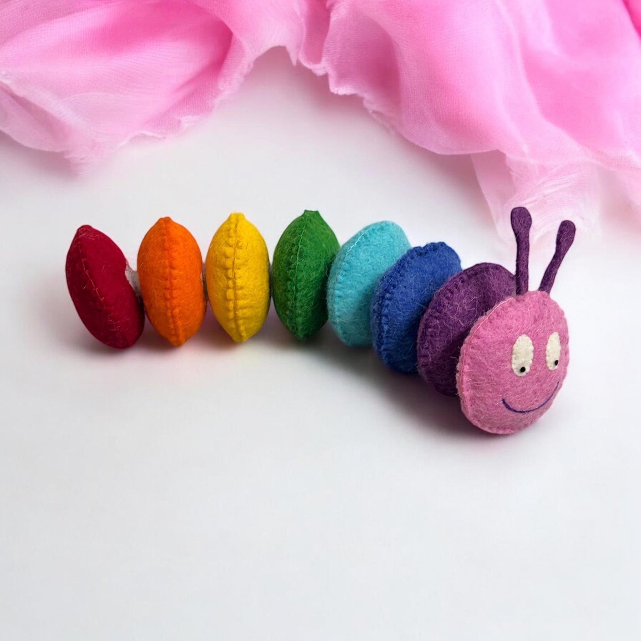 Handmade Wool Felt Caterpillar Toy: Rainbow Color Toddler Plushie