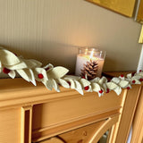 Wool Felt Christmas Garland, Cream Leaves, Red Berries, Handmade