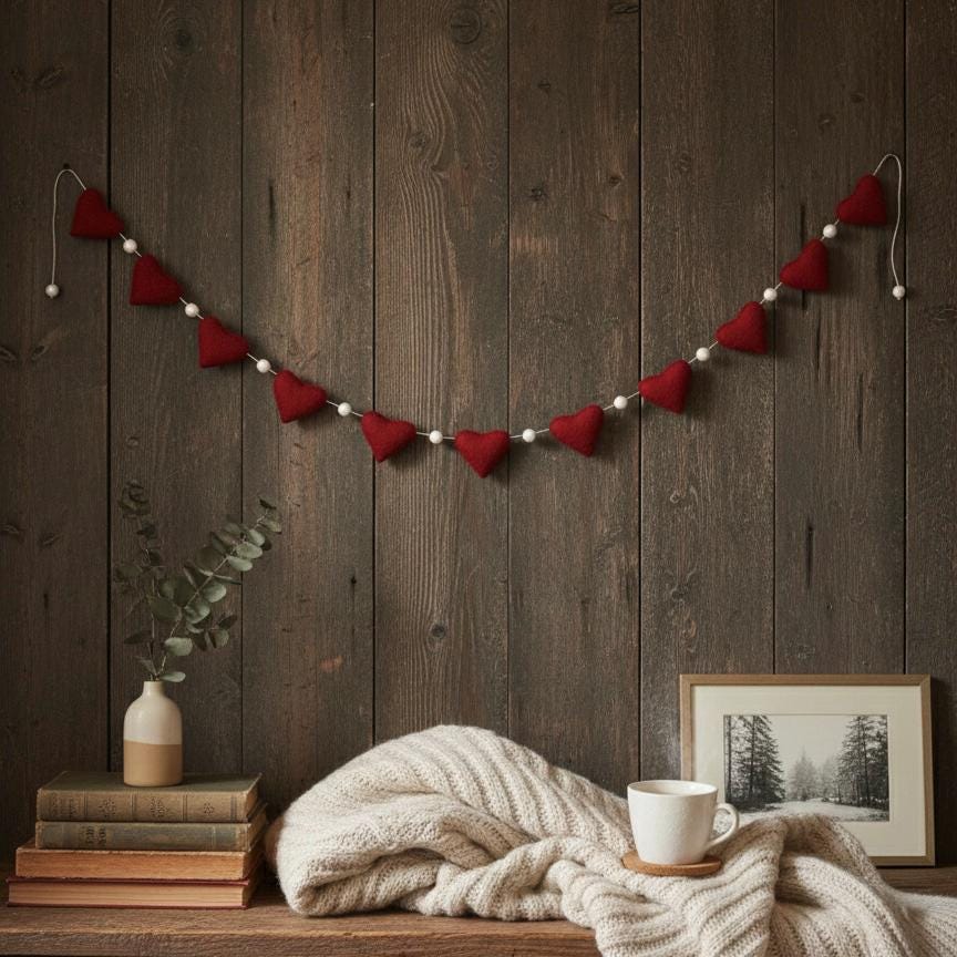 Wool Felt Handmade Heart Garland | Valentine’s Day Decor | Wedding & Anniversary Decoration | Romantic Bedroom Wall Decor | Couple Gift