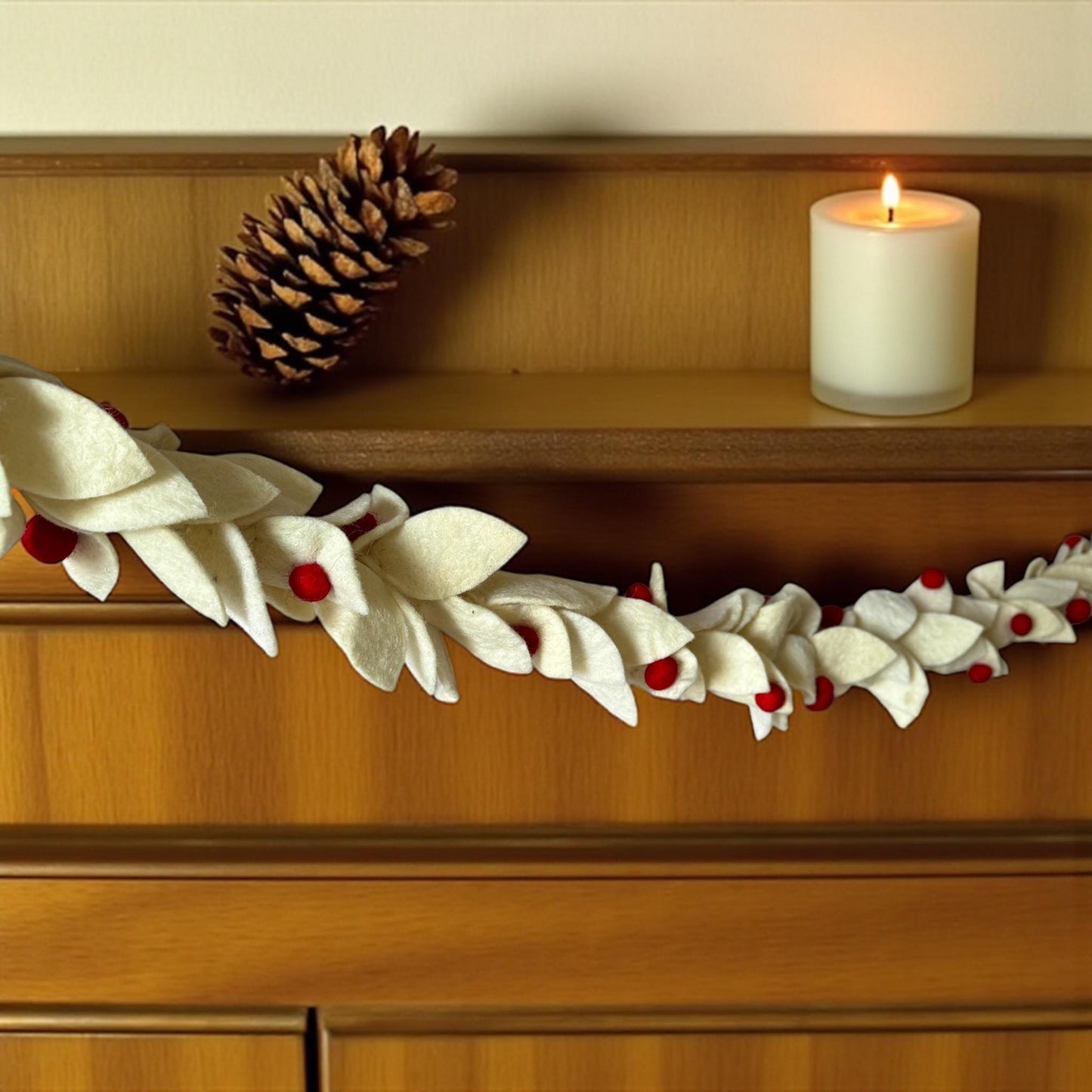 Wool Felt Christmas Garland, Cream Leaves, Red Berries, Handmade