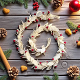 Wool Felt Christmas Garland, Cream Leaves, Red Berries, Handmade