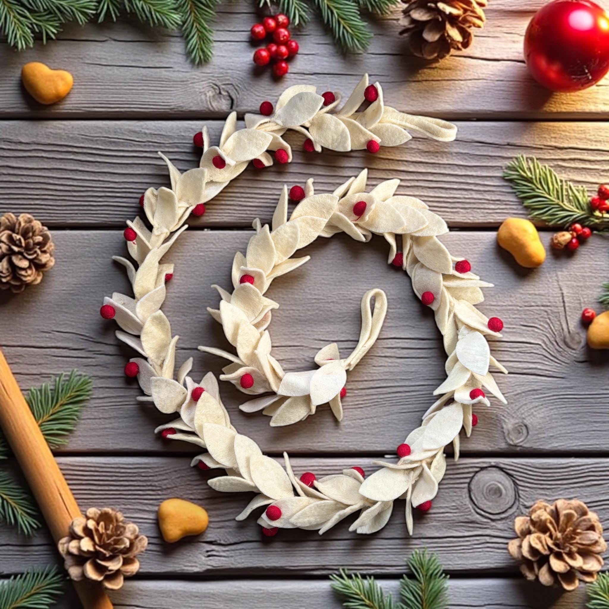 Wool Felt Christmas Garland, Cream Leaves, Red Berries, Handmade