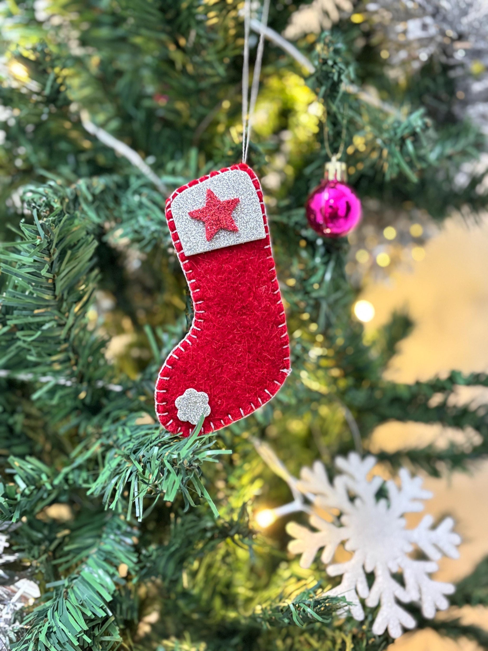 Handmade Felt Christmas Stocking Ornament: Red Holiday Decor