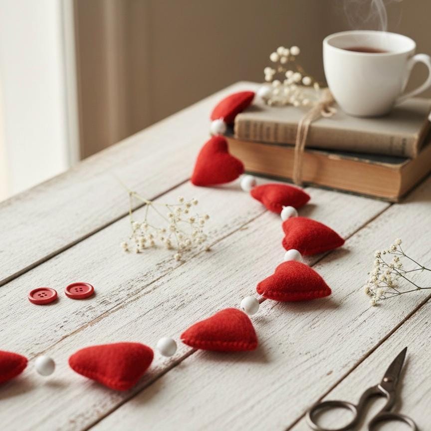 Wool Felt Handmade Heart Garland | Valentine’s Day Decor | Wedding & Anniversary Decoration | Romantic Bedroom Wall Decor | Couple Gift