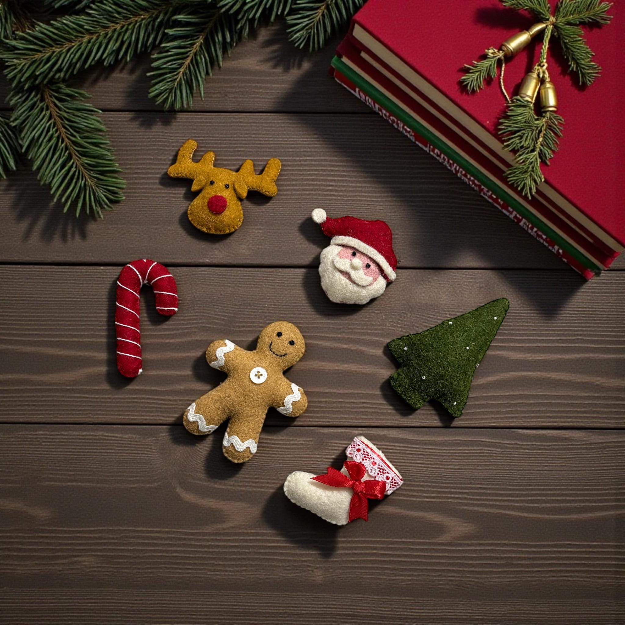 Felt Christmas Ornaments Set – Santa, Gingerbread, Stocking, Reindeer & Candy Cane – Holiday Decor or Bowl Fillers, Best Christmas Gift