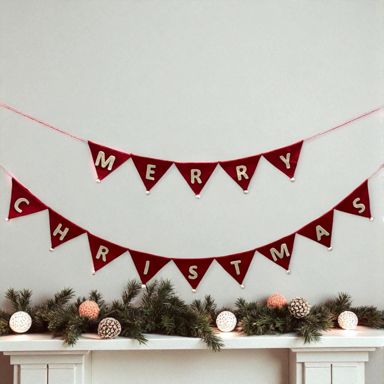 Christmas Garland, Felt Ornament Banner, Winter Mantel Decor, Handmade Holiday Decoration