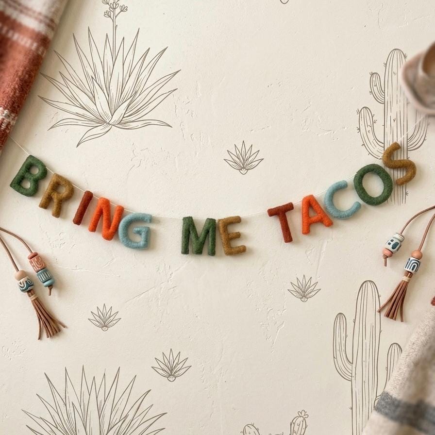 Bring Me Tacos Garland, Fiesta Party Banner, Handmade Felt Garland, Taco Party Decor, Cinco de Mayo Decorations, Mexican Theme Party Sign