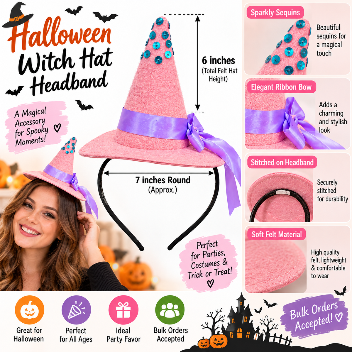 Handmade Felt Halloween Witch Hat Headband | Halloween Costume & Party Accessory | Bulk Orders Welcome