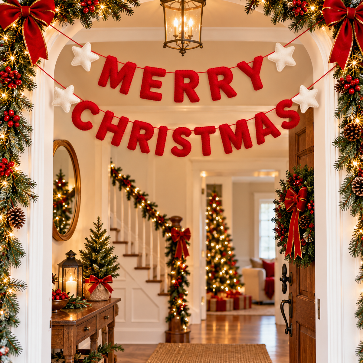 Red Felt Merry Christmas Banner with White Stars – Festive Christmas Garland