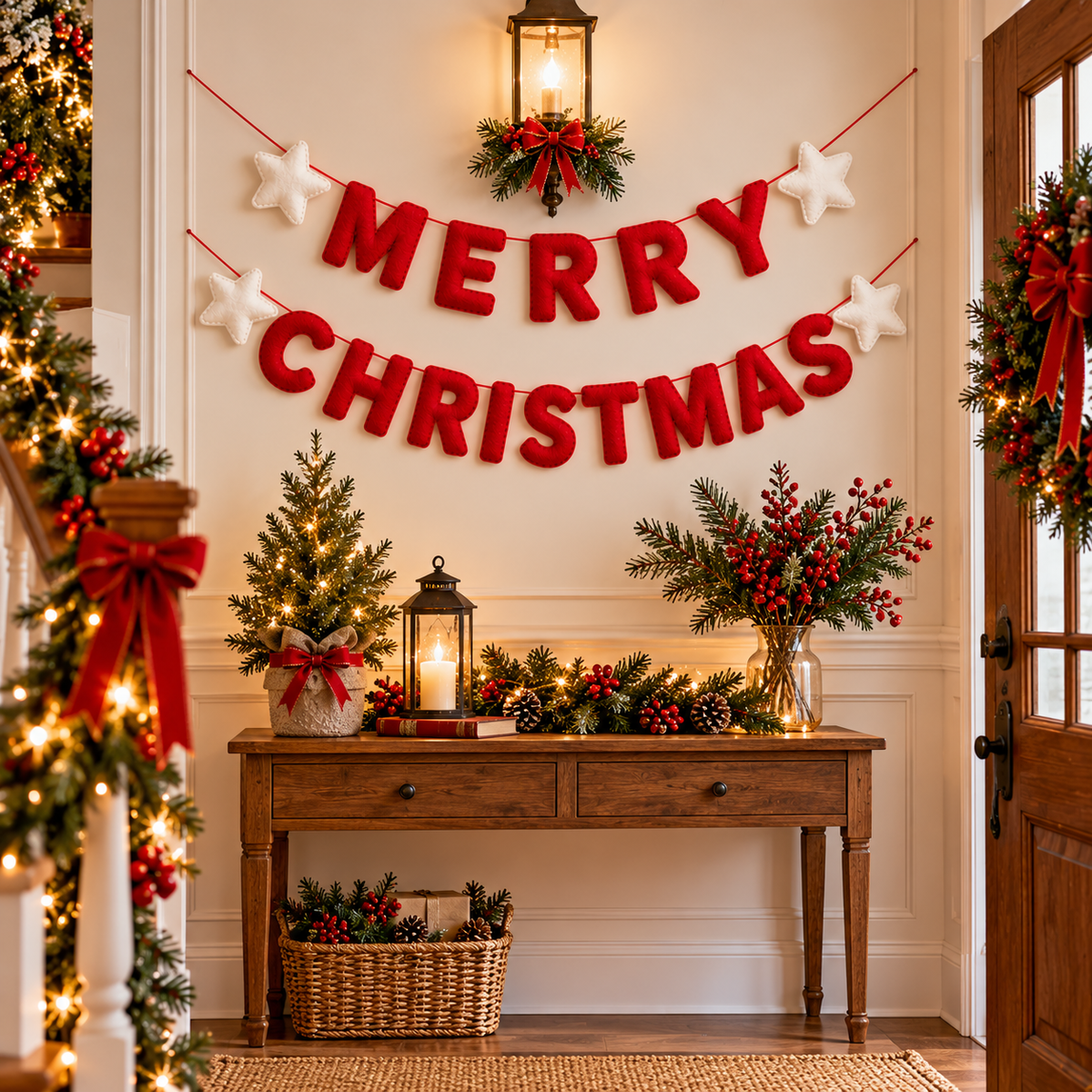 Red Felt Merry Christmas Banner with White Stars – Festive Christmas Garland