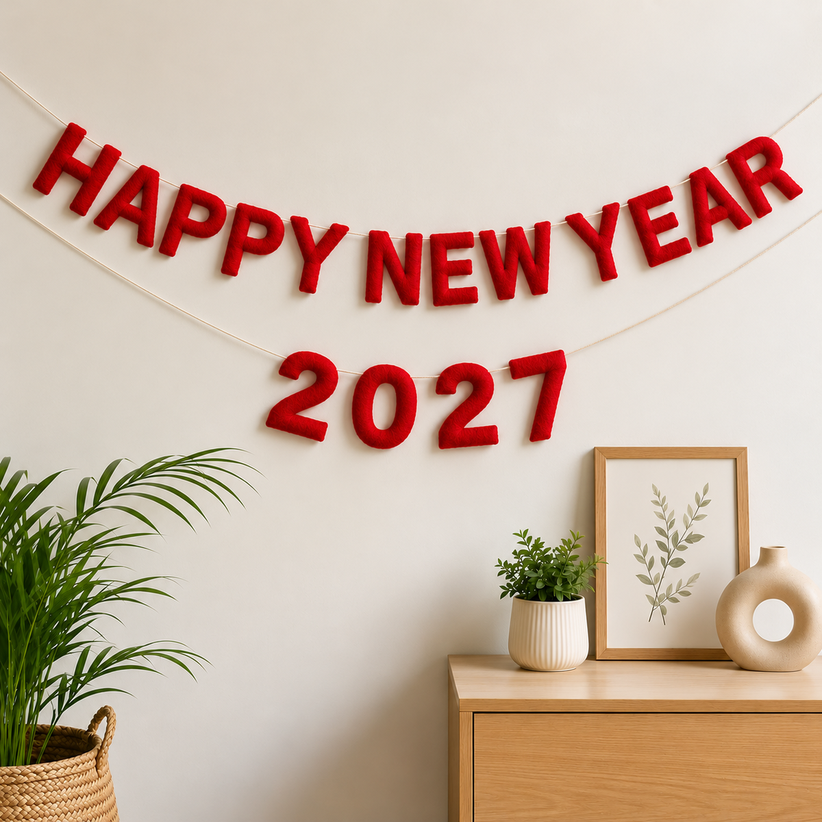 Happy New Year 2027 Felt Banner – Handmade Red Wool Felt Letter Garland