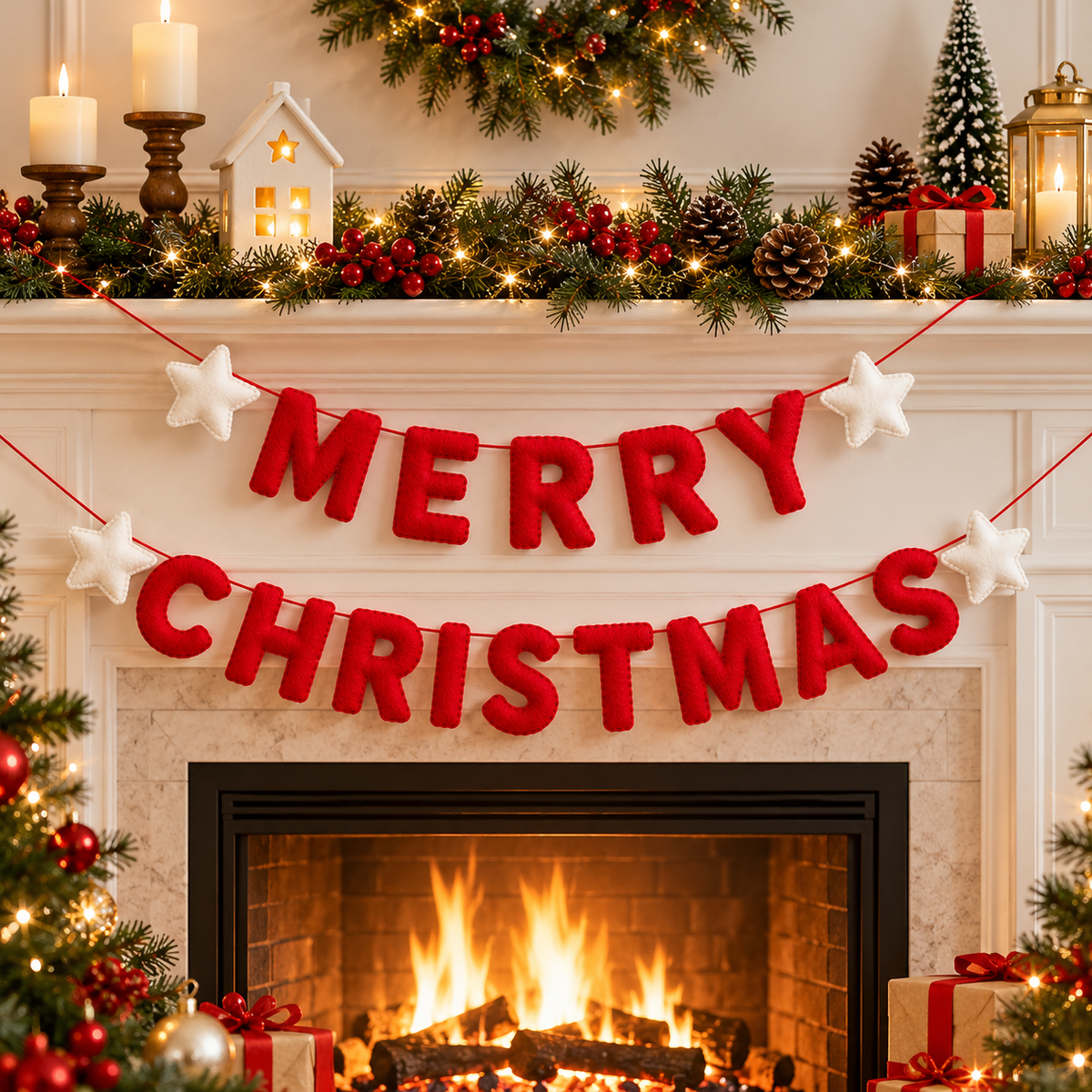 Red Felt Merry Christmas Banner with White Stars – Festive Christmas Garland