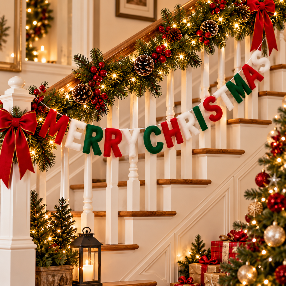 Merry Christmas Wool Felt Letter Garland – Red, Green & White Christmas Mantel Decor