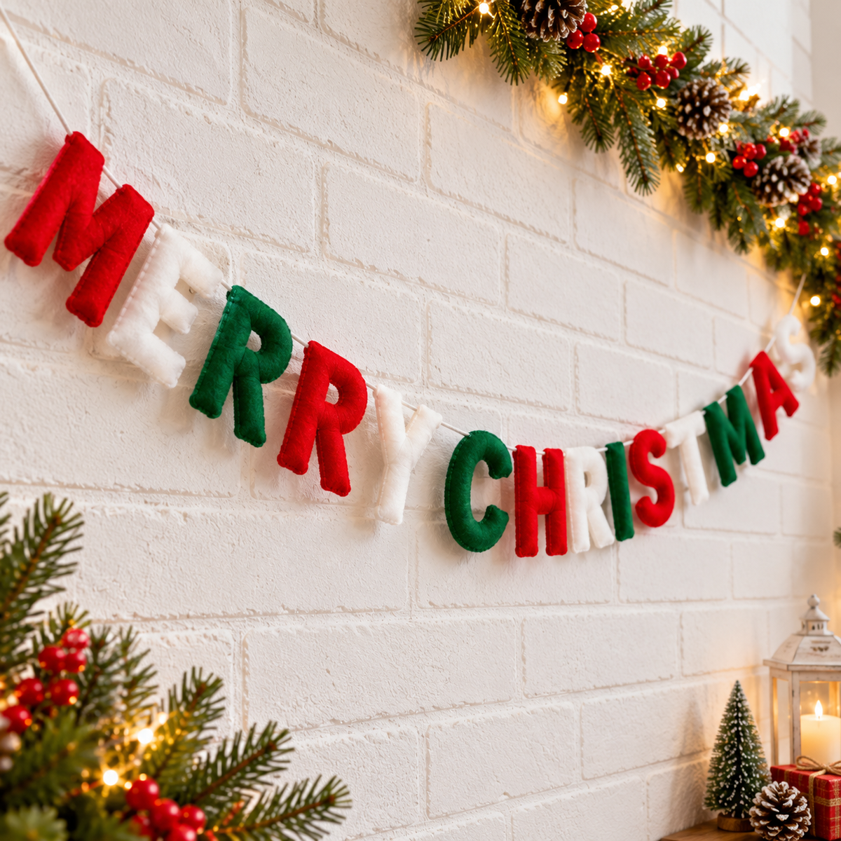 Merry Christmas Wool Felt Letter Garland – Red, Green & White Christmas Mantel Decor