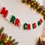 Merry Christmas Wool Felt Letter Garland – Red, Green & White Christmas Mantel Decor