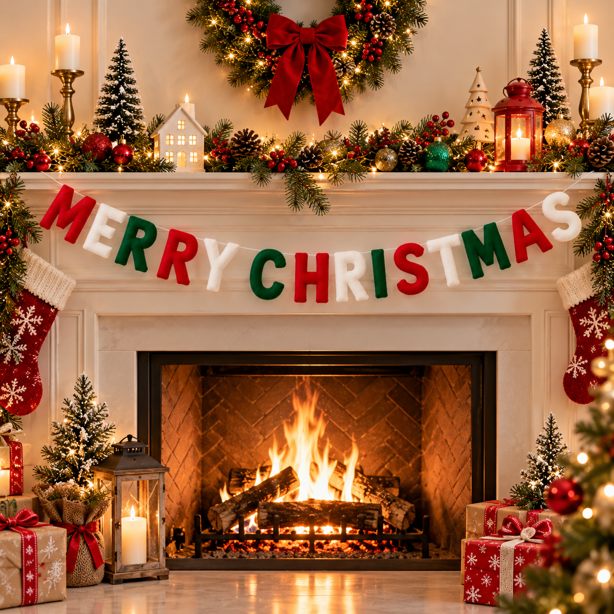 Merry Christmas Wool Felt Letter Garland – Red, Green & White Christmas Mantel Decor
