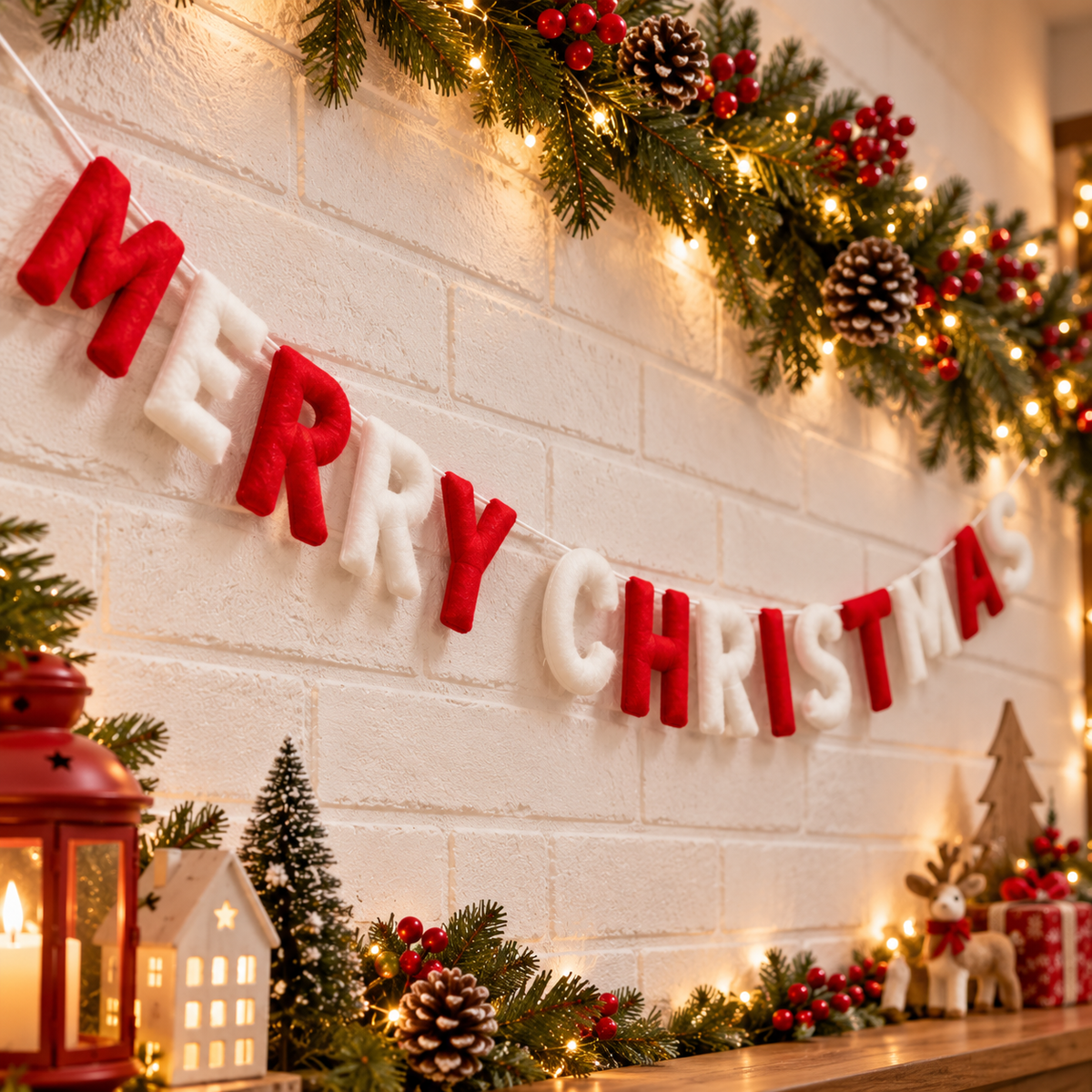 Merry Christmas Felt Letter Garland – Red & White Christmas Mantel Decor