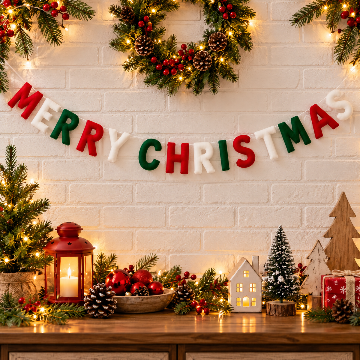 Merry Christmas Wool Felt Letter Garland – Red, Green & White Christmas Mantel Decor