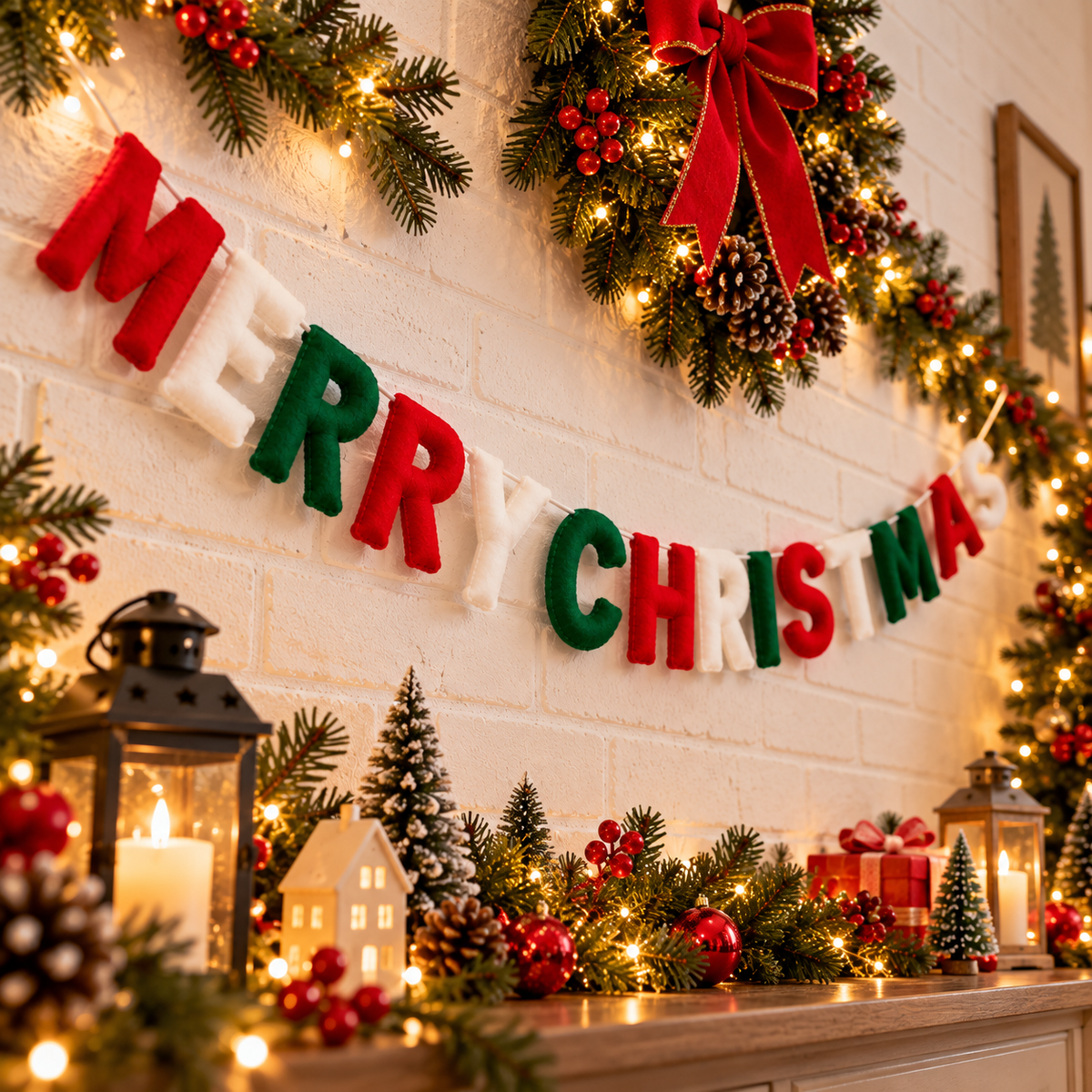 Merry Christmas Wool Felt Letter Garland – Red, Green & White Christmas Mantel Decor