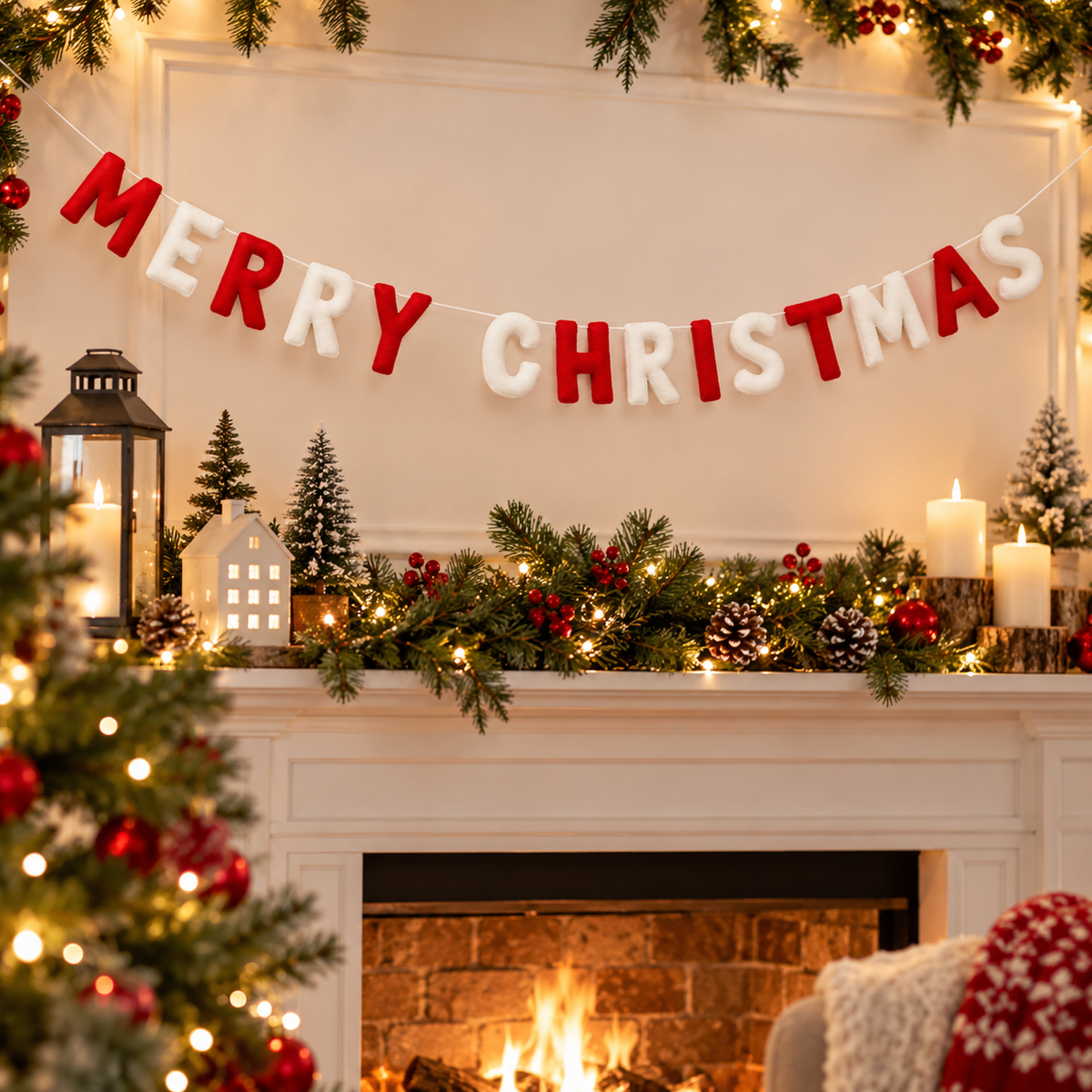 Merry Christmas Felt Letter Garland – Red & White Christmas Mantel Decor