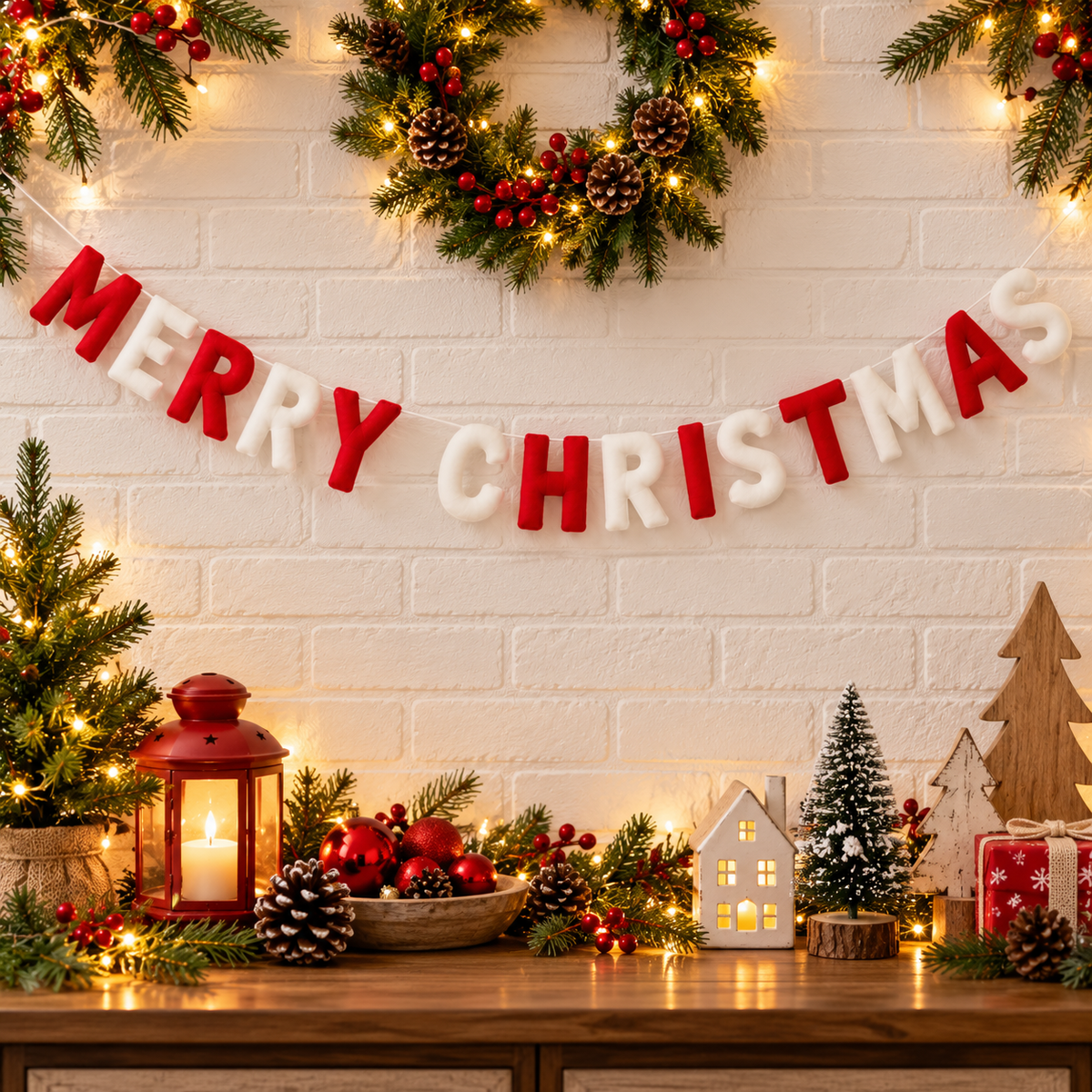 Merry Christmas Felt Letter Garland – Red & White Christmas Mantel Decor