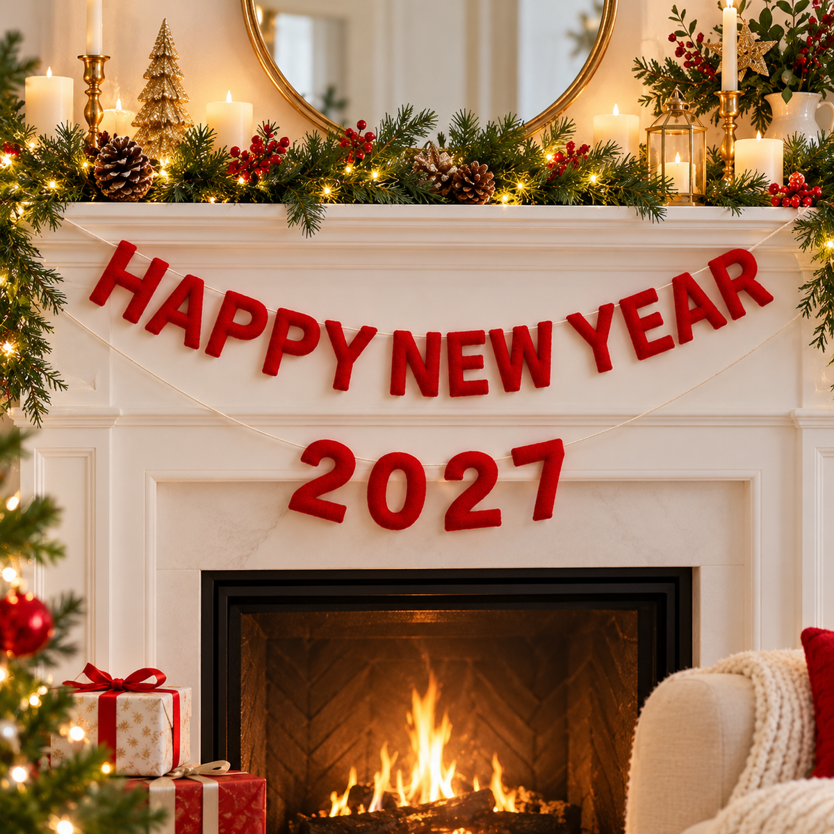 Happy New Year 2027 Felt Banner – Handmade Red Wool Felt Letter Garland
