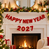 Happy New Year 2027 Felt Banner – Handmade Red Wool Felt Letter Garland