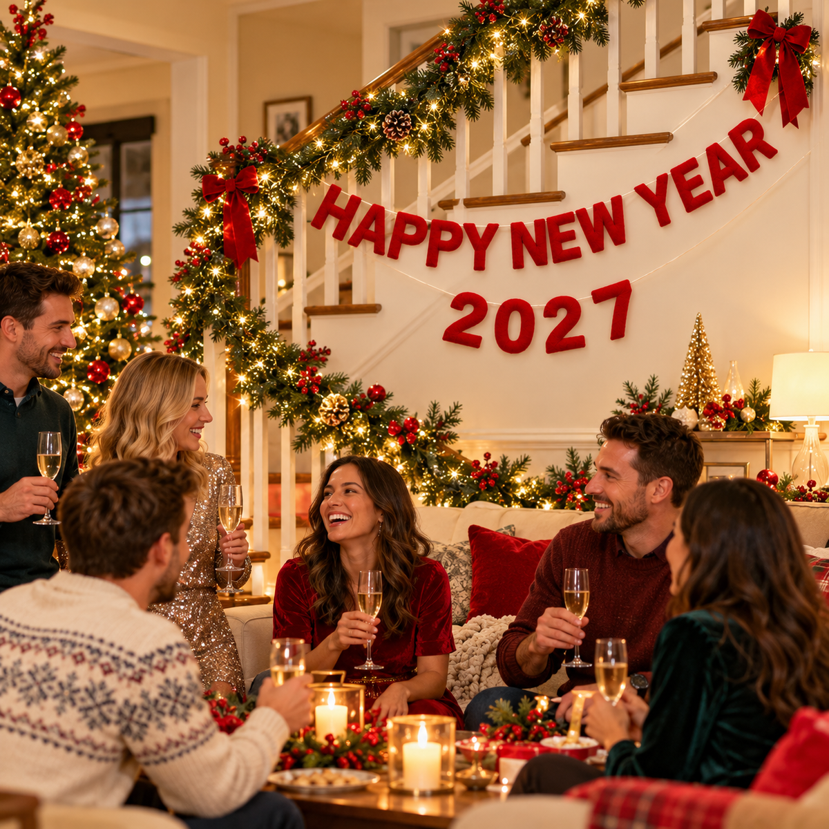 Happy New Year 2027 Felt Banner – Handmade Red Wool Felt Letter Garland