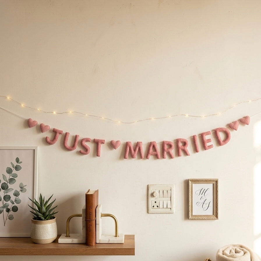 Handmade Wool Felt “JUST MARRIED” Garland – Wedding Banner for Bridal Shower, Engagement & Party Backdrop Decor