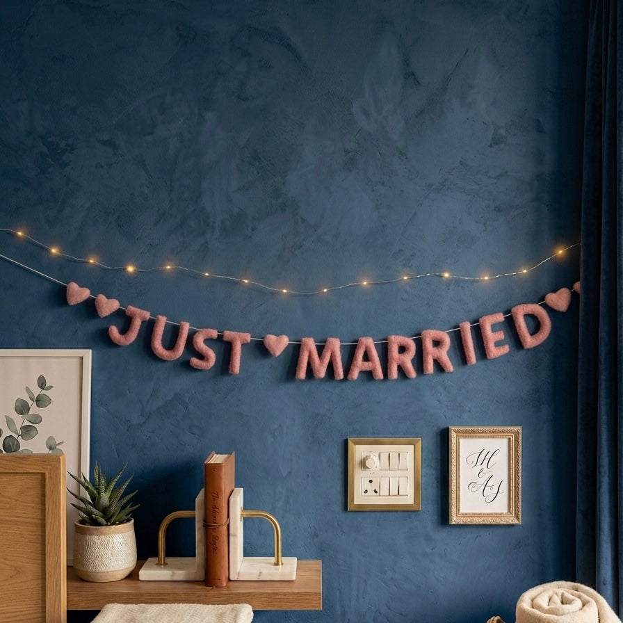 Handmade Wool Felt “JUST MARRIED” Garland – Wedding Banner for Bridal Shower, Engagement & Party Backdrop Decor