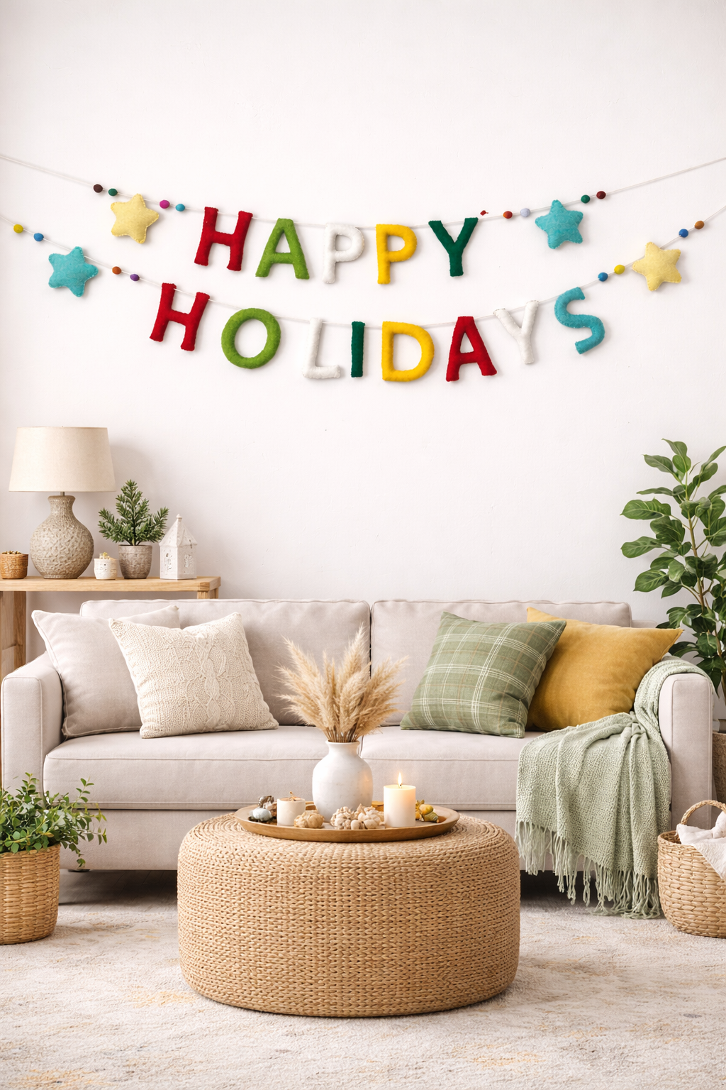 Living room with 'Happy Holidays' banner, beige sofa, and decorative items.
